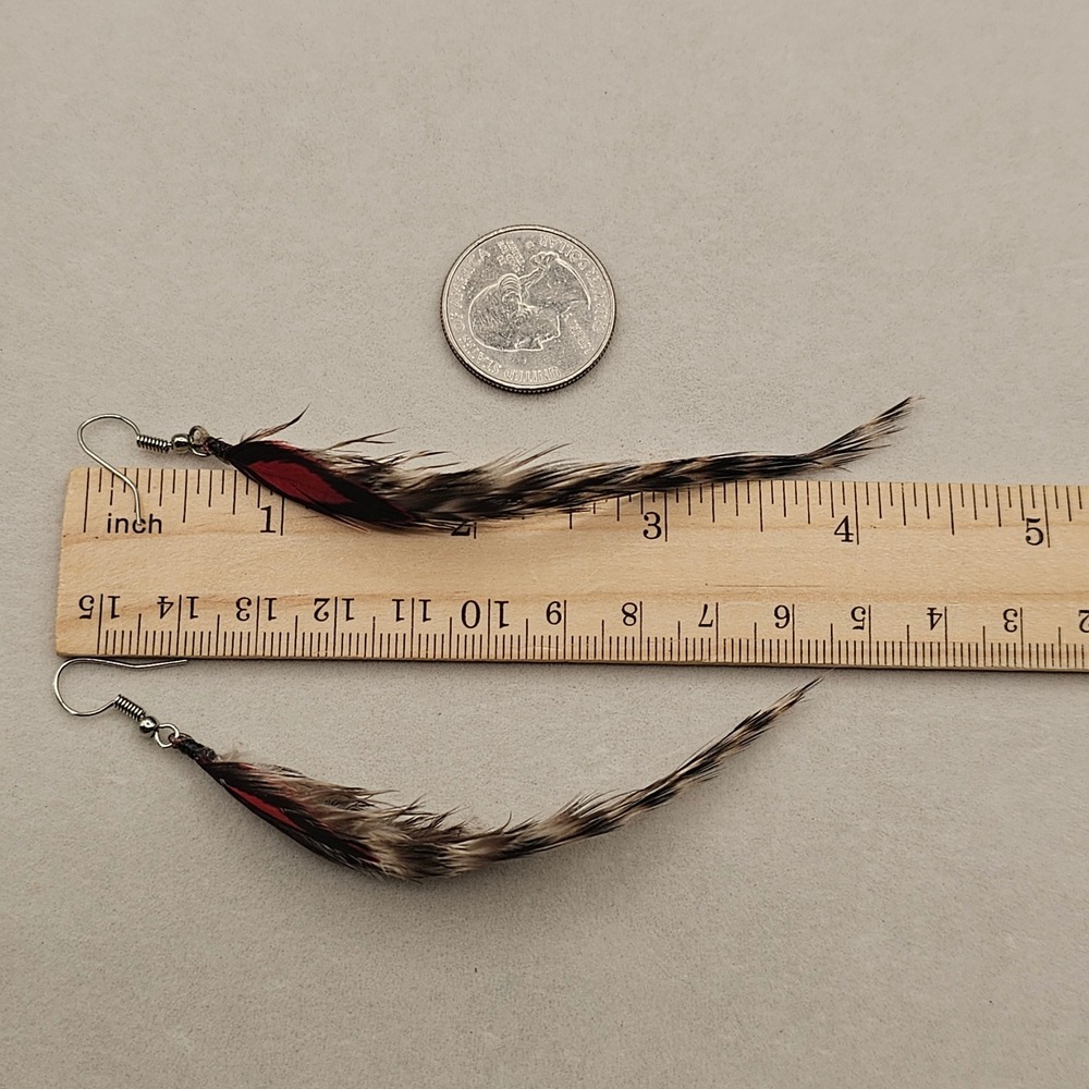 Feather Dangle Earrings‎ 4"+ Brown Red Grizzly Striped Boho Chic Tribal Western - Picture 12 of 12